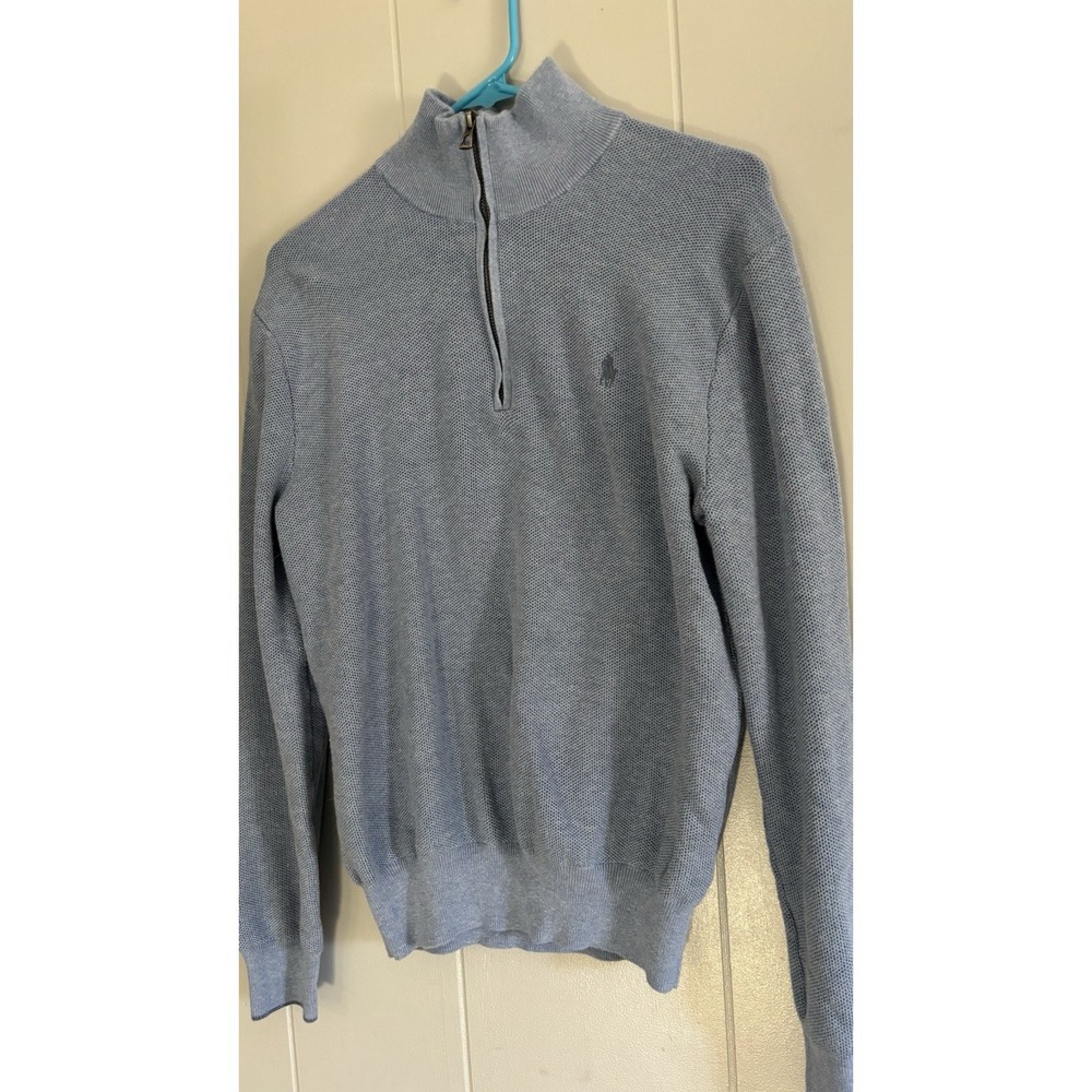 Vintage Ralph Lauren Pima Polo  Lt Blue Knit 1/4 Zip Pullover Sweater Med Y2K